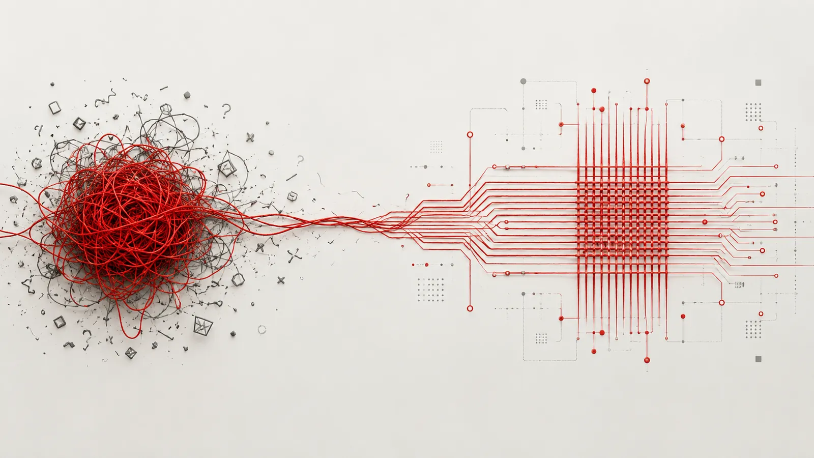 Un fil rouge part d'un enchevêtrement chaotique et devient un tissage parfaitement ordonné — la métaphore du Fil Rouge : transformer le désordre du quotidien en système.