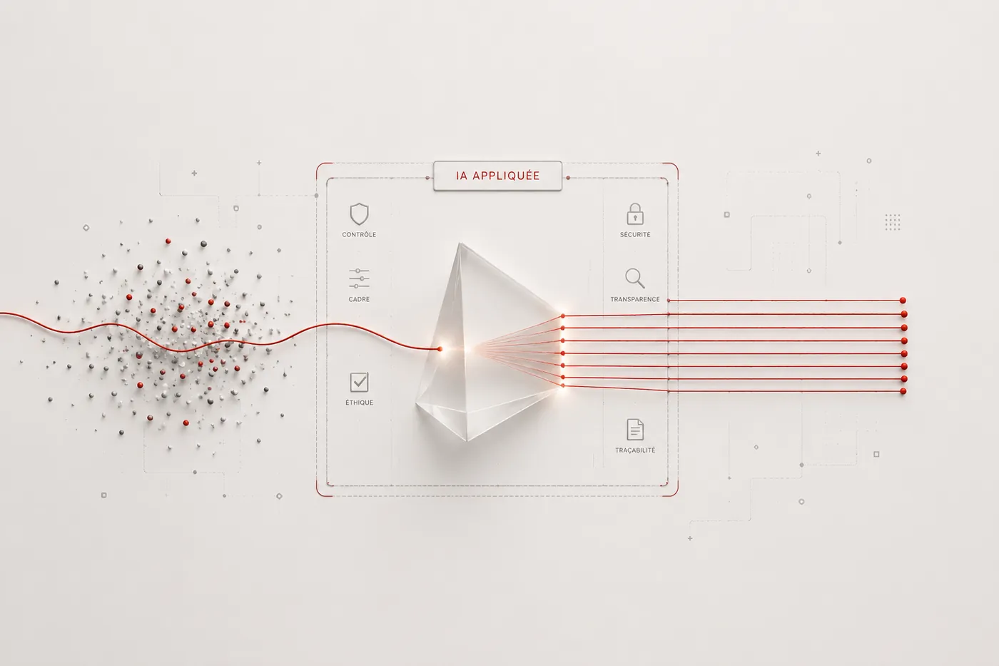 Un prisme transforme un nuage de points désordonnés en lignes parfaitement alignées, dans un cadre marqué contrôle, cadre, éthique, sécurité, transparence et traçabilité — l'IA appliquée, encadrée.